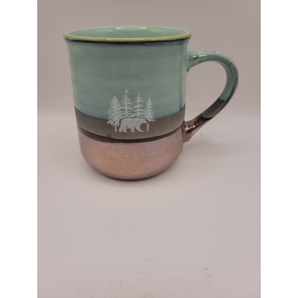Rustic Stoneware Bear Pine Trees Coffee Mug Teal‎ & Metallic Copper Bottom 18 oz